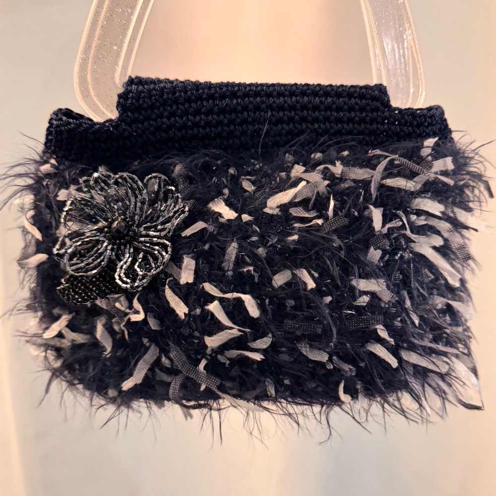 Handcrafted‎ Chic Beaded Flower Crochet Navy Blue Evening Handbag Purse